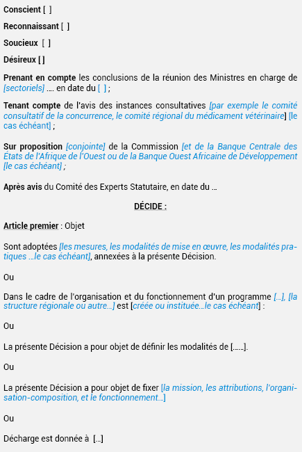 MODÈLE DE DÉCISION DU CONSEIL DES MINISTRES