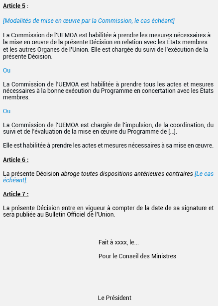 MODÈLE DE DÉCISION DU CONSEIL DES MINISTRES