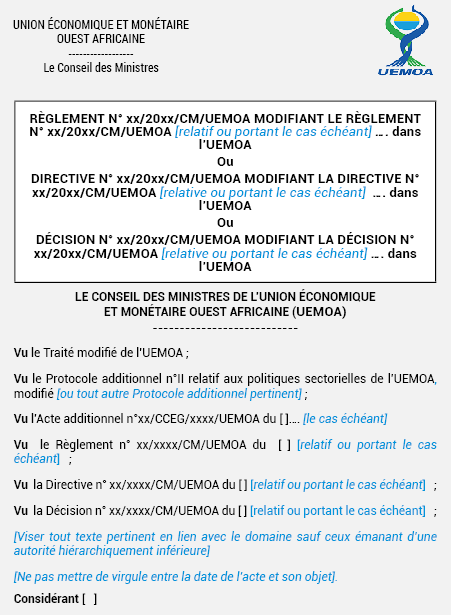 MODÈLE D’ACTE MODIFICATIF (Cas des actes du Conseil des Ministres)