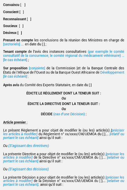 MODÈLE D’ACTE MODIFICATIF (Cas des actes du Conseil des Ministres)