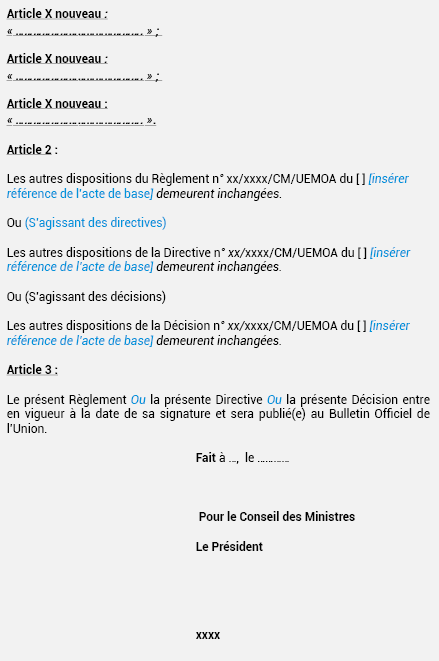 MODÈLE D’ACTE MODIFICATIF (Cas des actes du Conseil des Ministres)