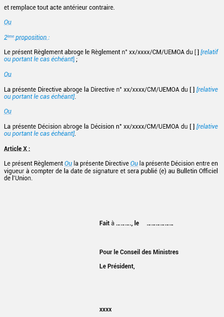 MODÈLE D’ACTE DU CONSEIL DES MINISTRES AVEC INSERTION D’UNE CLAUSE ABROGATOIRE