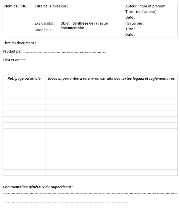 Annexe n°4.2 : Feuille de travail sur la revue documentaire